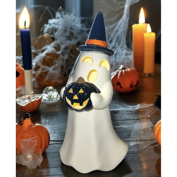 Martha Stewart HalloweenLight UpCeramic Ghost w Witches Hat & Pumpkin 14.5”!